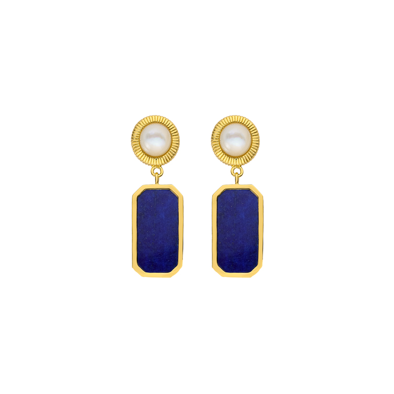 Square Lapis Lazuli & Mother of Pearl Earrings | 18K Gold Plated Geometric Studs & Drops - Modern Minimalist Luxury Jewelry with Art Deco Elegance