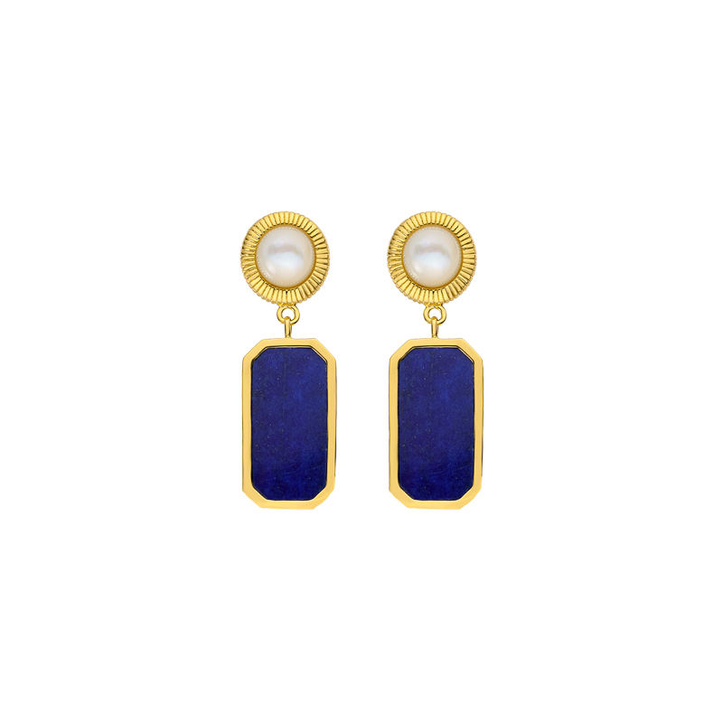 Square Lapis Lazuli & Mother of Pearl Earrings | 18K Gold Plated Geometric Studs & Drops - Modern Minimalist Luxury Jewelry with Art Deco Elegance