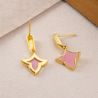 Korean Style Maple Leaf Earrings - Pink conch, 18K Gold Plated