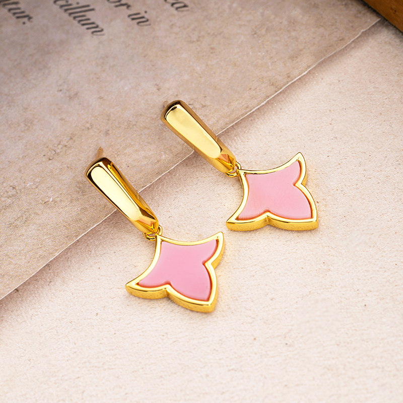 Korean Style Maple Leaf Earrings - Pink conch, 18K Gold Plated
