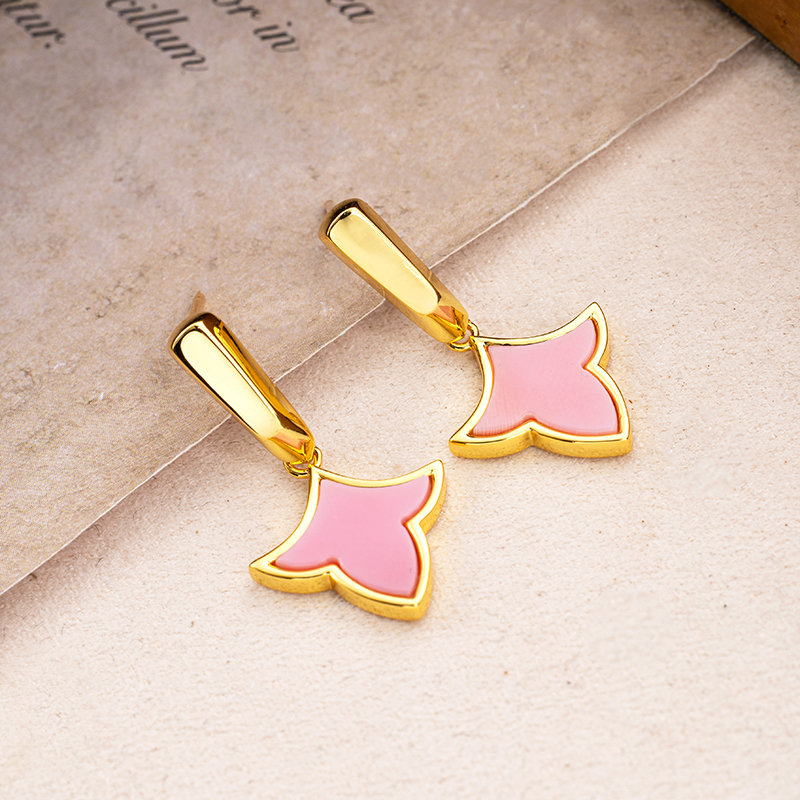 Korean Style Maple Leaf Earrings - Pink conch, 18K Gold Plated