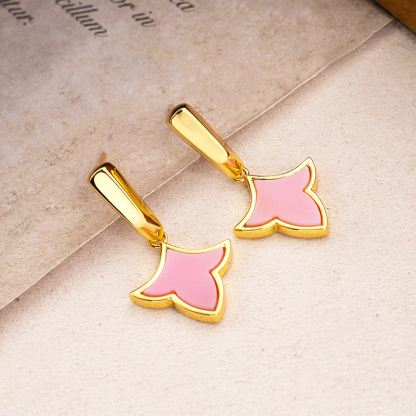 Korean Style Maple Leaf Earrings - Pink conch, 18K Gold Plated