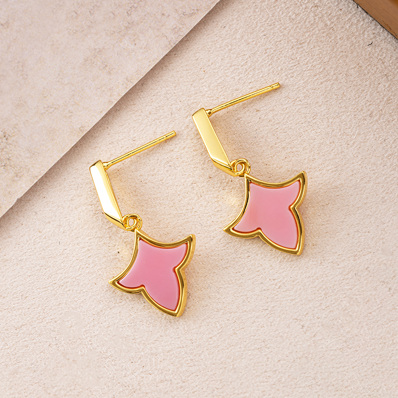 Korean Style Maple Leaf Earrings - Pink conch, 18K Gold Plated