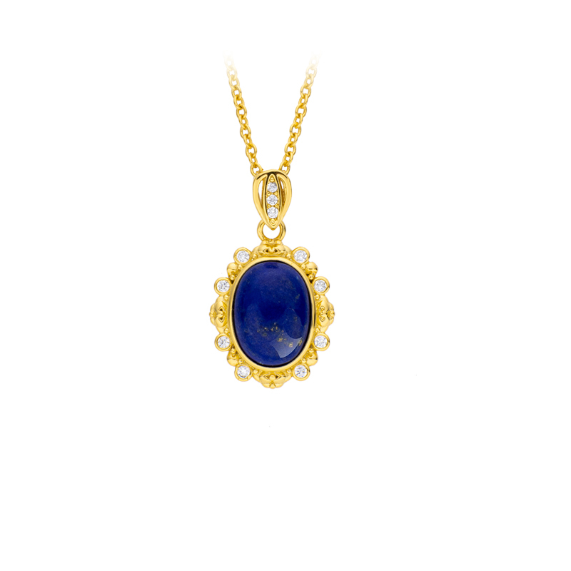 French Vintage Oval Necklace: Natural Lapis Lazuli 