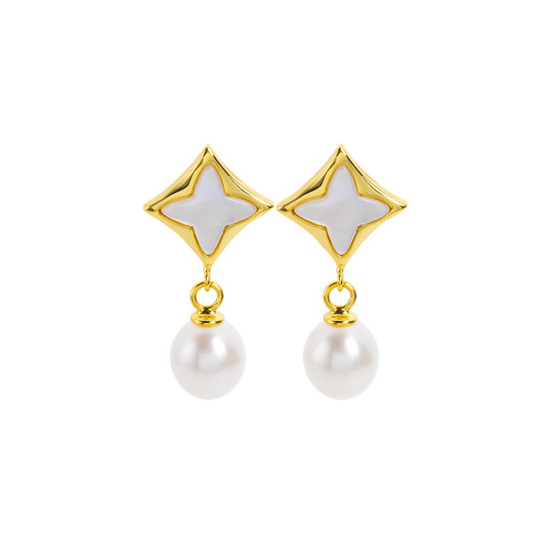 Delicate White MOP Clover Stud Earrings with Pearl Accents