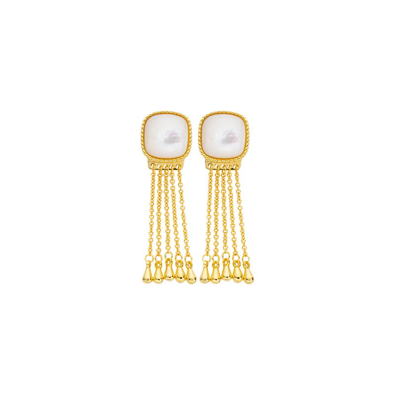 18K Gold Tassel Drops - Square White MOP Earrings