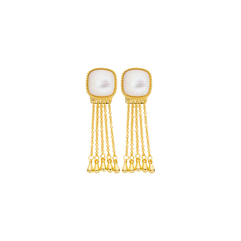 18K Gold Tassel Drops - Square White MOP Earrings