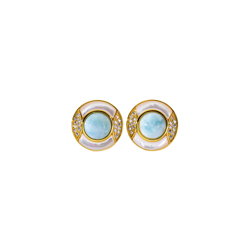 Luxury Round Stud Earrings Inlaid with Larimar & Zircon Shiny Fresh Women's Earrings