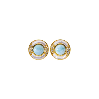 Luxury Round Stud Earrings Inlaid with Larimar & Zircon Shiny Fresh Women's Earrings