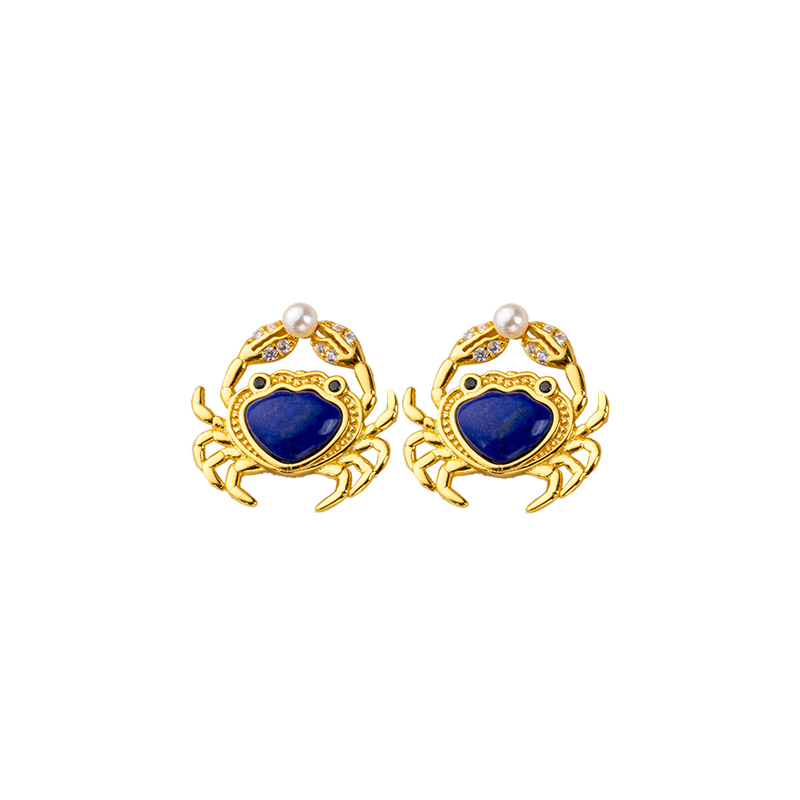 Natural Lapis Lazuli Crab Stud Earrings - 18K Gold Plated Elegance