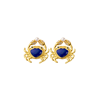 Natural Lapis Lazuli Crab Stud Earrings - 18K Gold Plated Elegance