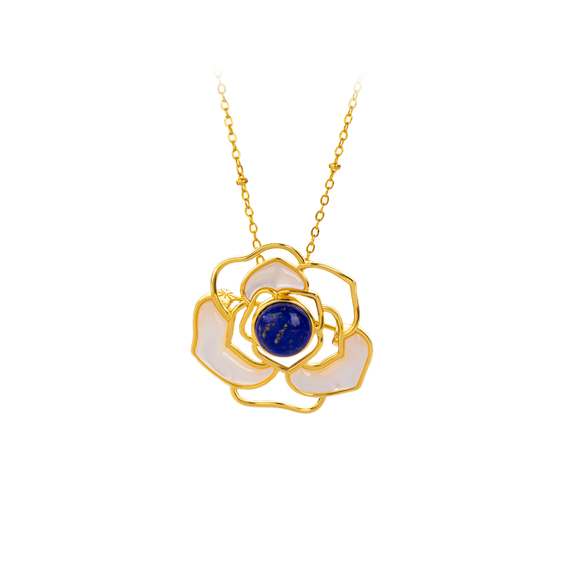 Lapis Lazuli & Mother of Pearl Camellia Necklace - Elegant Floral Jewelry