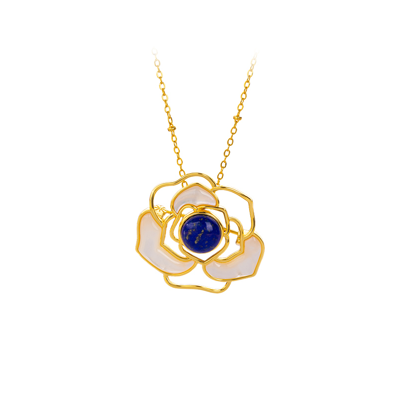 Lapis Lazuli & Mother of Pearl Camellia Necklace - Elegant Floral Jewelry