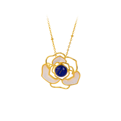 Lapis Lazuli & Mother of Pearl Camellia Necklace - Elegant Floral Jewelry