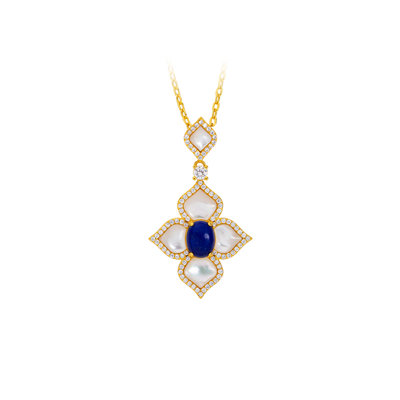 Natural Lapis Lazuli & White MOP Clover Necklace