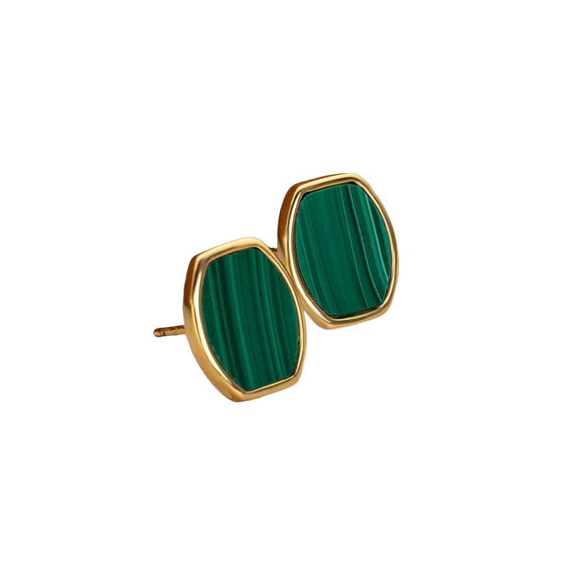 Natural Malachite Flat Geometric Petite Minimalist Korean Style Stud Earrings