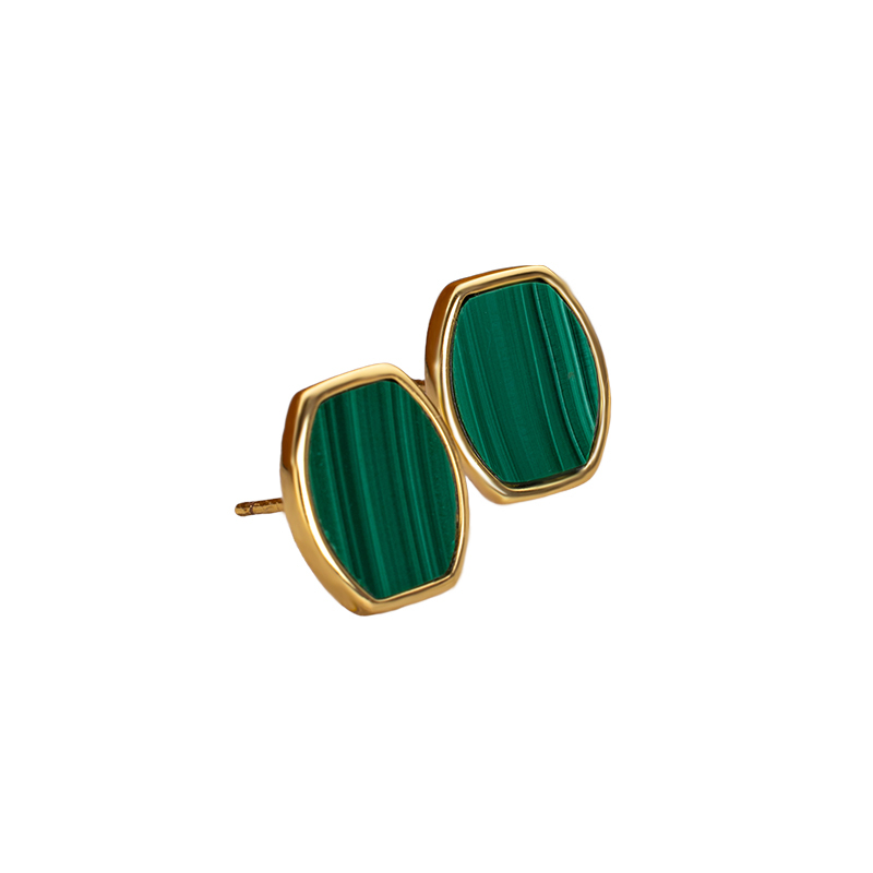 Natural Malachite Flat Geometric Petite Minimalist Korean Style Stud Earrings