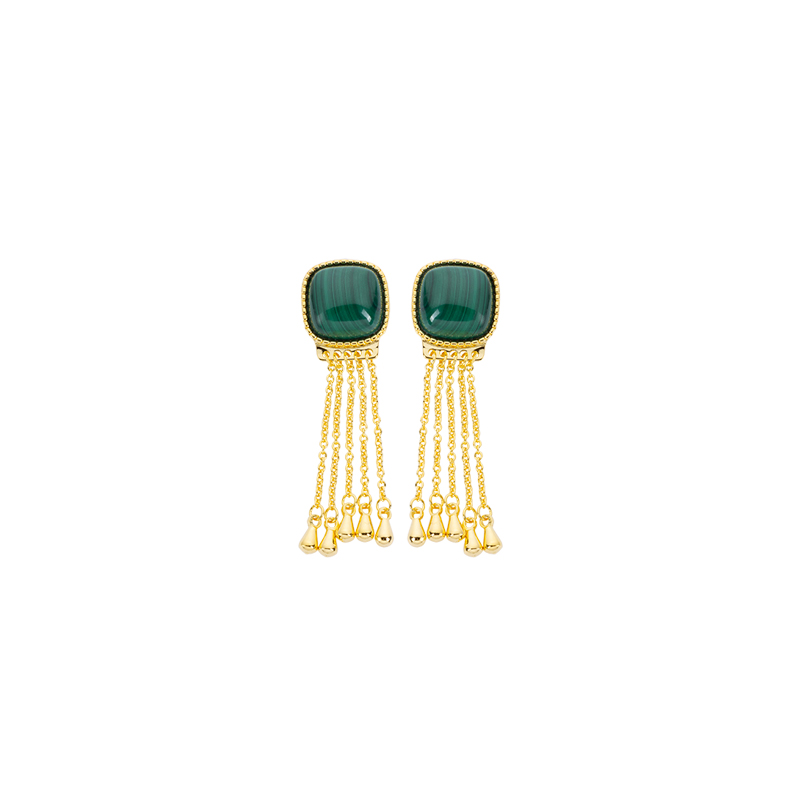 Regal Square Malachite Tassel Earrings in 18K Gold Plated