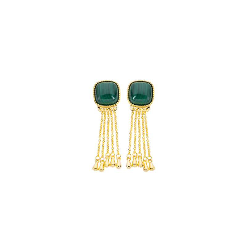 Regal Square Malachite Tassel Earrings in 18K Gold Plated