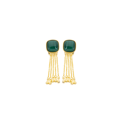 Regal Square Malachite Tassel Earrings in 18K Gold Plated