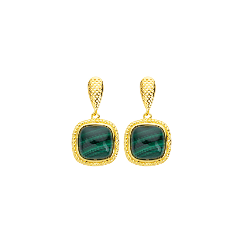 French Regal Malachite Square Earrings: Vintage Elegance
