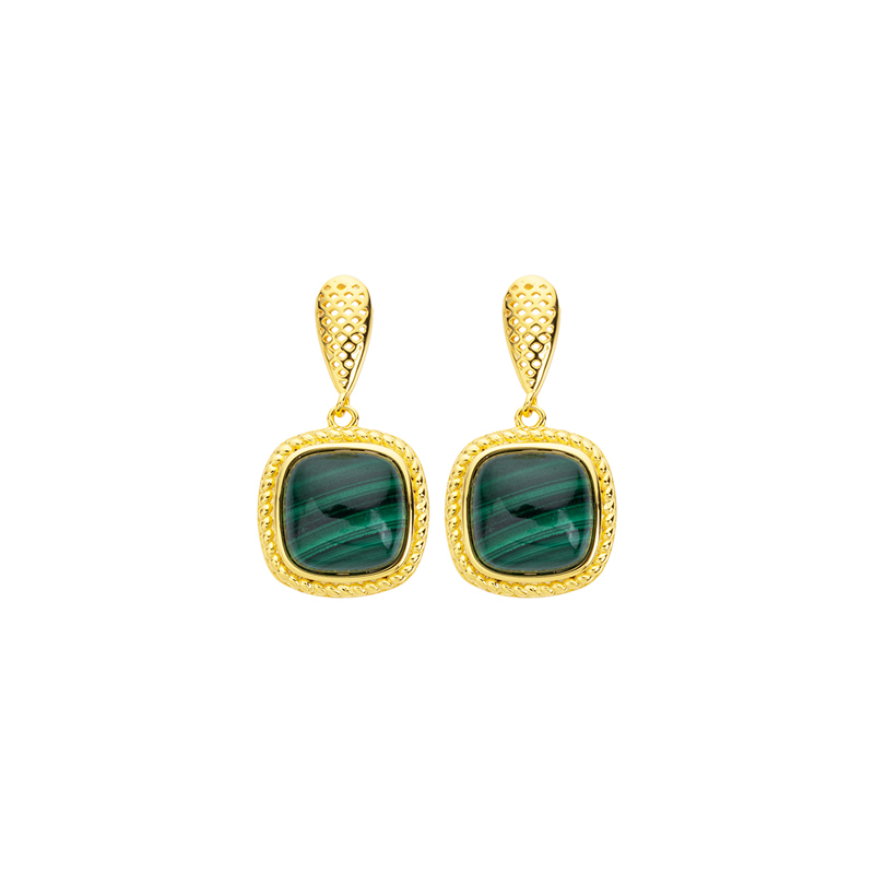 French Regal Malachite Square Earrings: Vintage Elegance