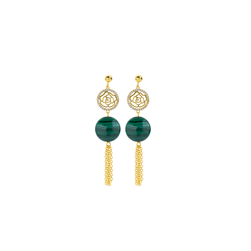 Vintage Malachite Rose Earrings: 18K Gold Plated Tassel