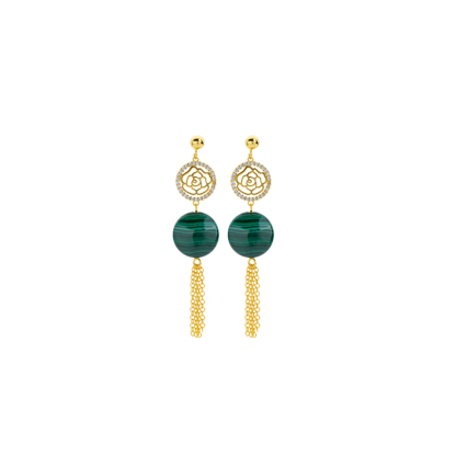 Vintage Malachite Rose Earrings: 18K Gold Plated Tassel