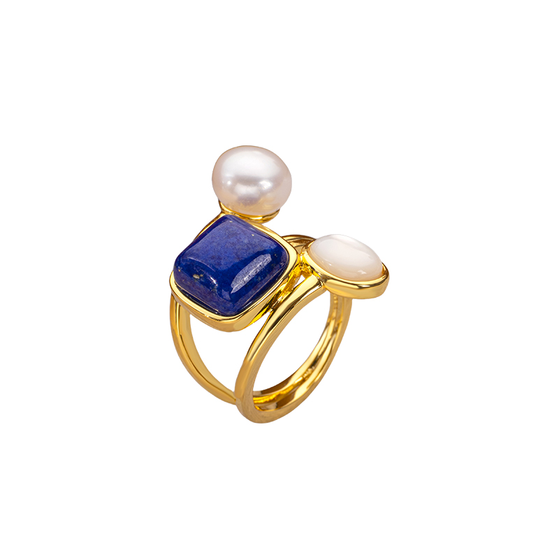 Natural Lapis Lazuli Square Sugar Cube Mother of Pearl Pearl Open Ring for Women