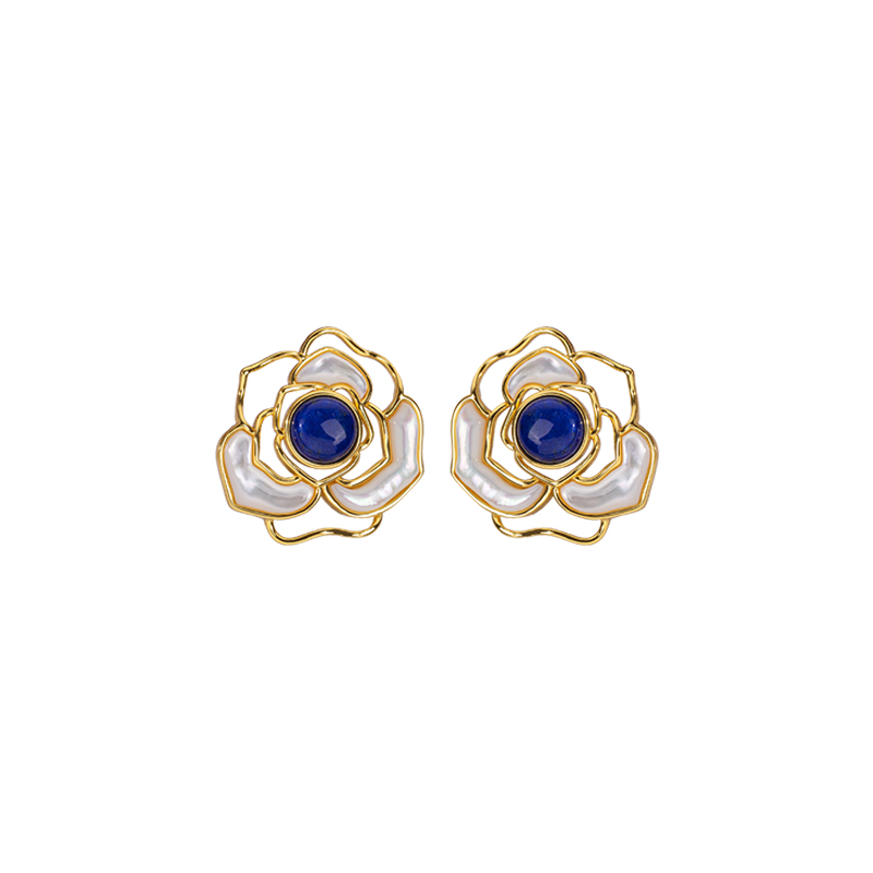 Natural Lapis Lazuli Camellia Stud Earrings - Elegant & Luxurious