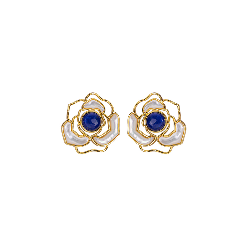 Natural Lapis Lazuli Camellia Stud Earrings - Elegant & Luxurious