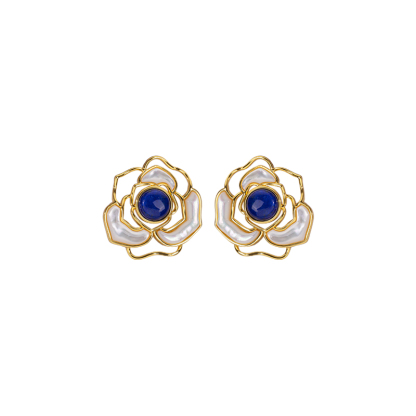 Natural Lapis Lazuli Camellia Stud Earrings - Elegant & Luxurious