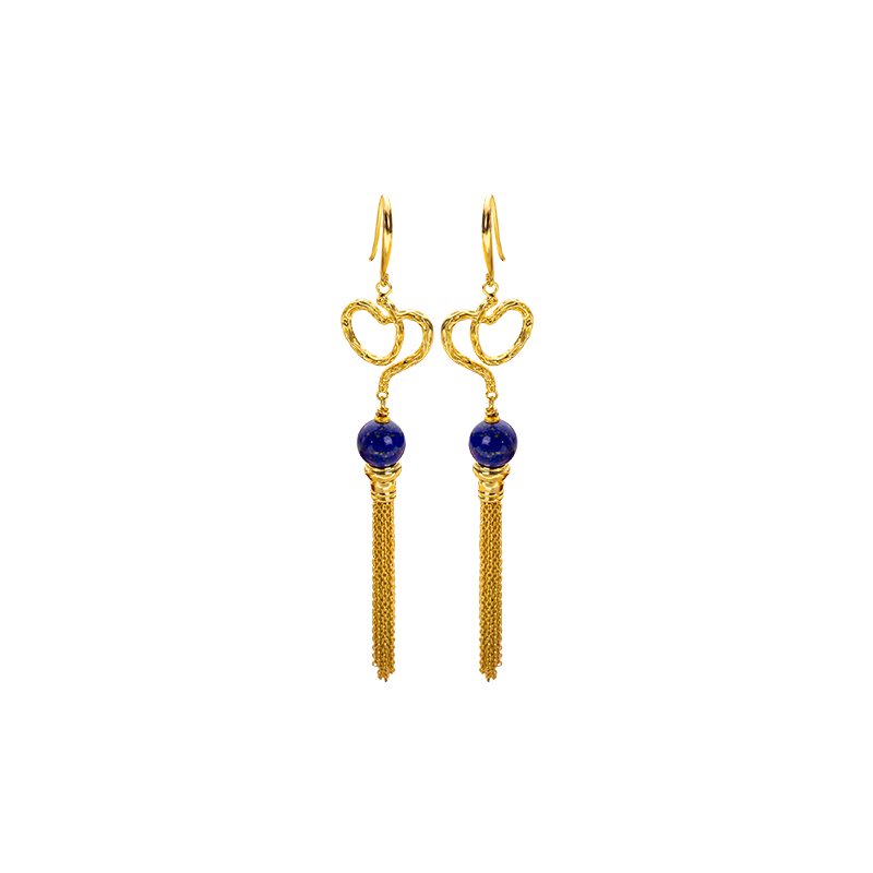 Round Lapis Lazuli Fringe Earrings - 18K Gold Plated Luxe