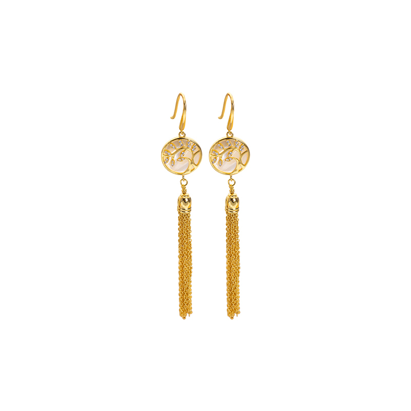 18K Gold Plated Royal Style Tassel Earrings for Women Inlaid with Natural Mother of Pearl Flower Earrings