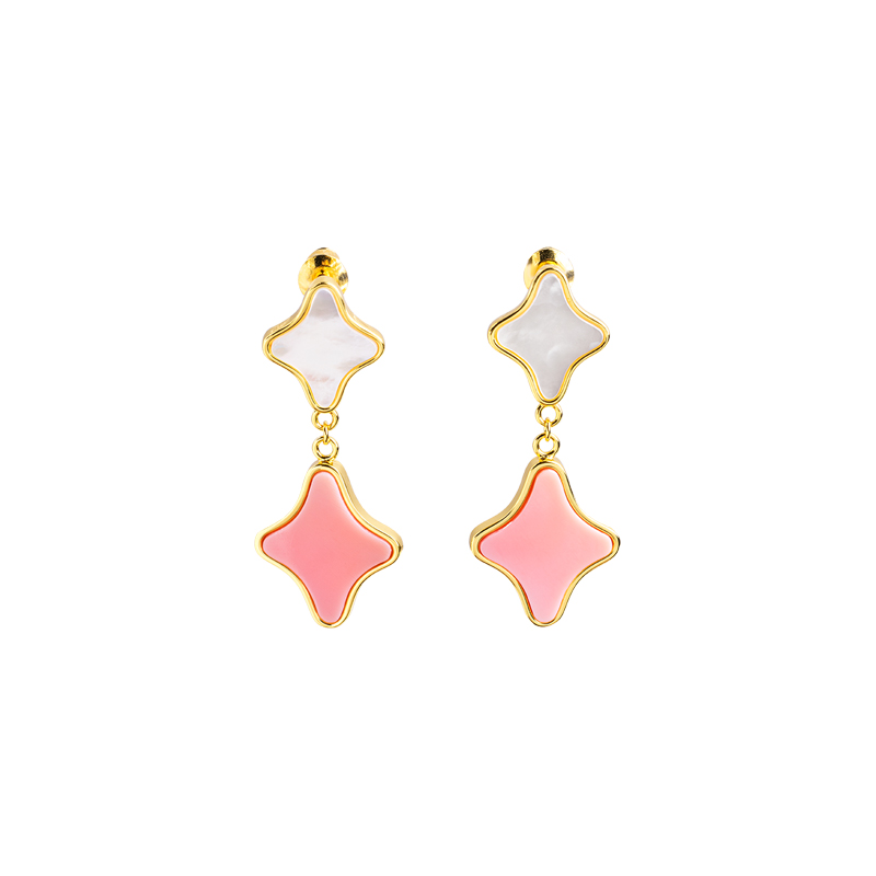Modern Clover Drop Earrings - Deep-Sea White MOP & Queen Conch, Effortless Elegance