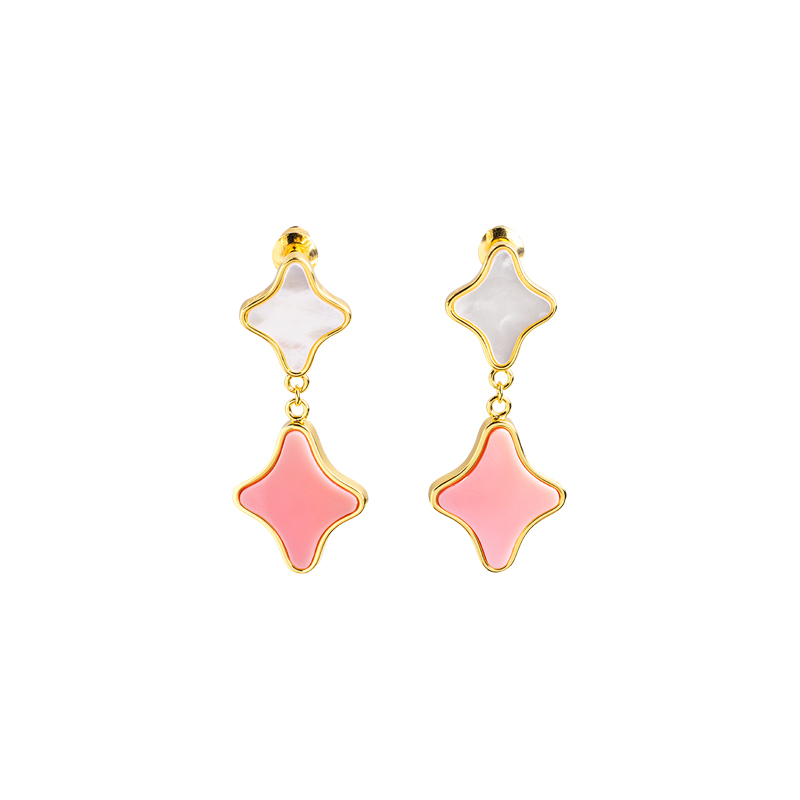 Modern Clover Drop Earrings - Deep-Sea White MOP & Queen Conch, Effortless Elegance
