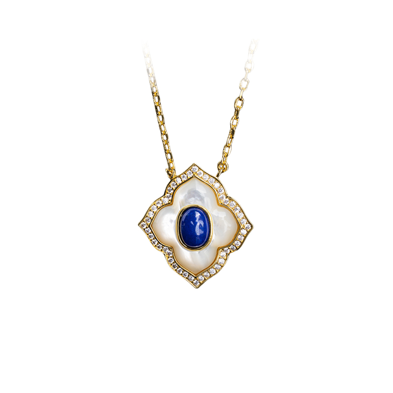 Luxe Blossom Choker - Lapis Lazuli Inlay Pendant, Celestial Gift for Her