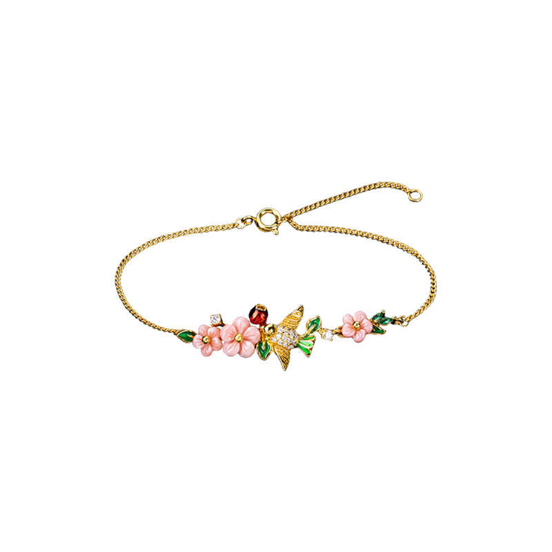 Pink Queen Conch Bracelet: Carved Plum Blossom & Birds | Women