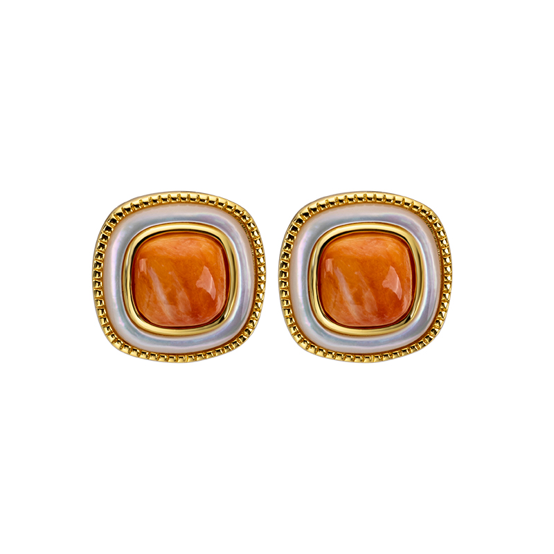 Korean Style Minimalist Square Stud Earrings - Orange-Yellow Natural spiny oyster Shell Jewelry