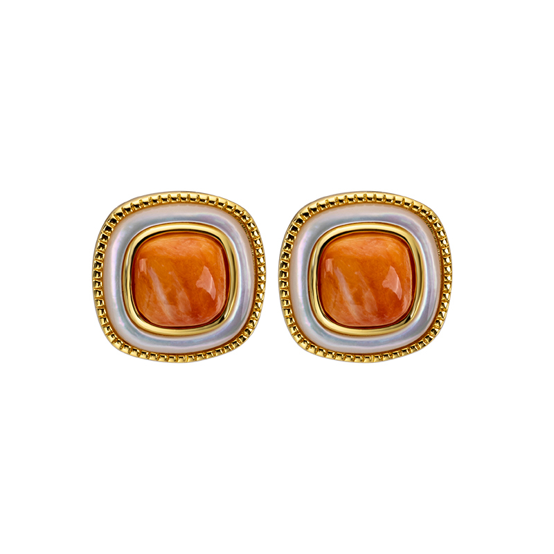 Korean Style Minimalist Square Stud Earrings - Orange-Yellow Natural spiny oyster Shell Jewelry