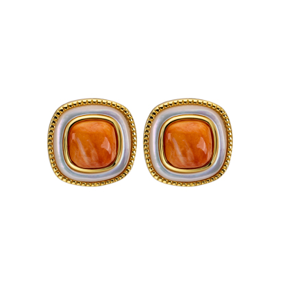 Korean Style Minimalist Square Stud Earrings - Orange-Yellow Natural spiny oyster Shell Jewelry
