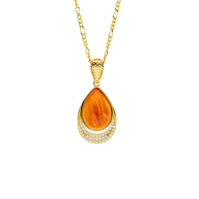 Sunset Orange Teardrop Necklace - Natural Spiny Oyster Shell Collarbone Chain in 18K Gold Plating