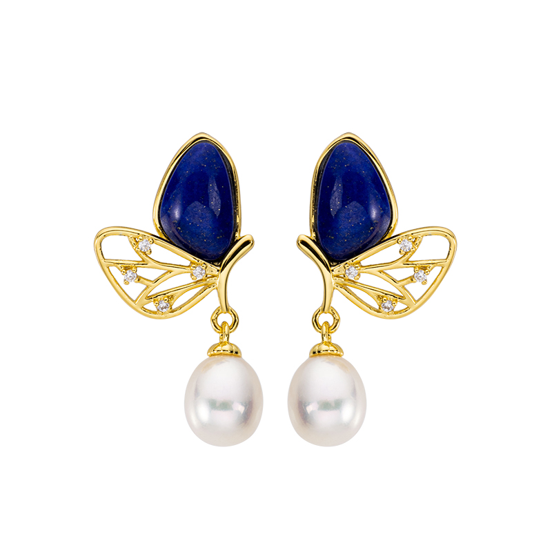 Lapis Butterfly & Pearl Drop Earrings | Natural Gemstone