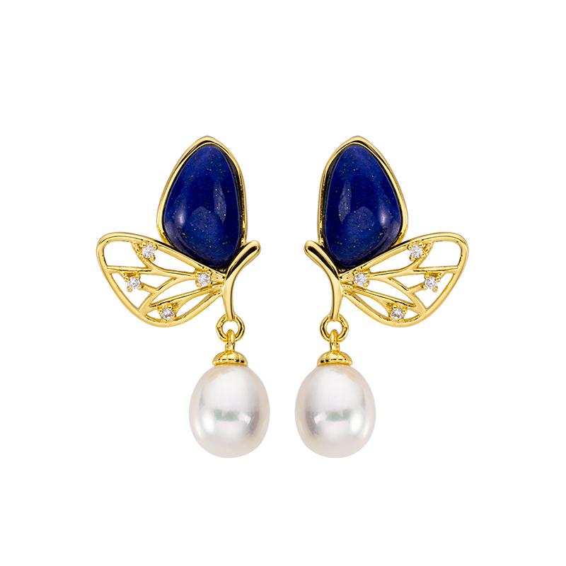 Lapis Butterfly & Pearl Drop Earrings | Natural Gemstone