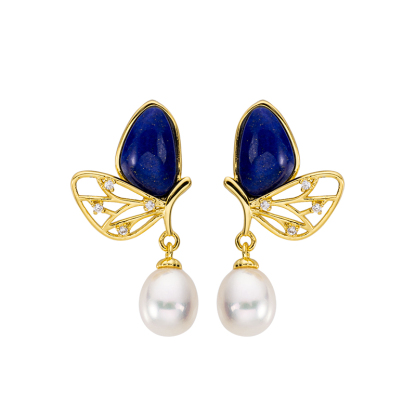 Lapis Butterfly & Pearl Drop Earrings | Natural Gemstone