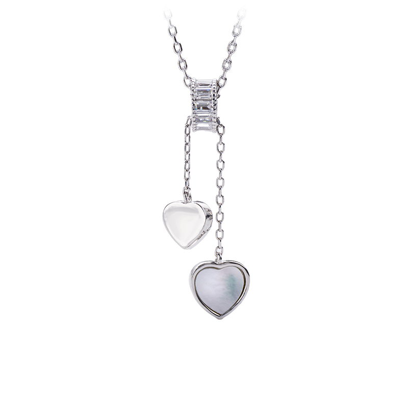 Slim Fit Double Heart Necklace with Tassel - Sterling Silver