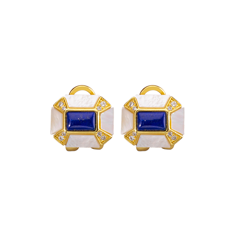 Lapis and MOP Clip Earrings Square Elegant