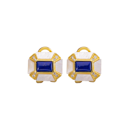 Lapis and MOP Clip Earrings Square Elegant