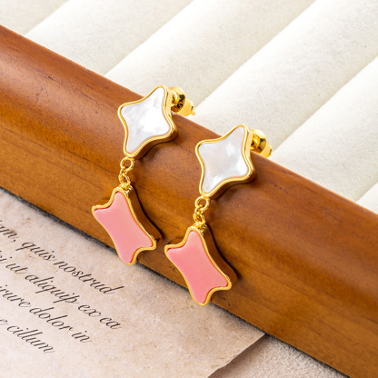 Modern Clover Drop Earrings - Deep-Sea White MOP & Queen Conch, Effortless Elegance