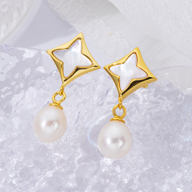 Delicate White MOP Clover Stud Earrings with Pearl Accents